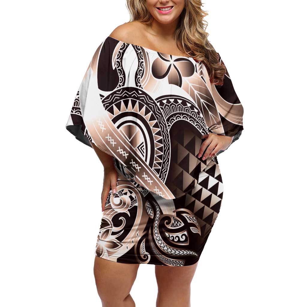 Aloha Mocha Mousse Tribal Honu Tattoo Family Matching Off Shoulder Short Dress and Hawaiian Shirt LT9 Mom's Dress Mocha Mousse - Polynesian Pride