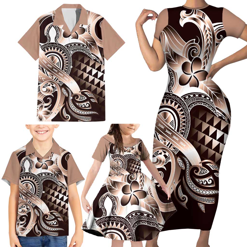 Aloha Mocha Mousse Tribal Honu Tattoo Family Matching Short Sleeve Bodycon Dress and Hawaiian Shirt LT9 - Polynesian Pride