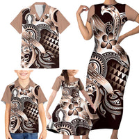 Aloha Mocha Mousse Tribal Honu Tattoo Family Matching Short Sleeve Bodycon Dress and Hawaiian Shirt LT9 - Polynesian Pride