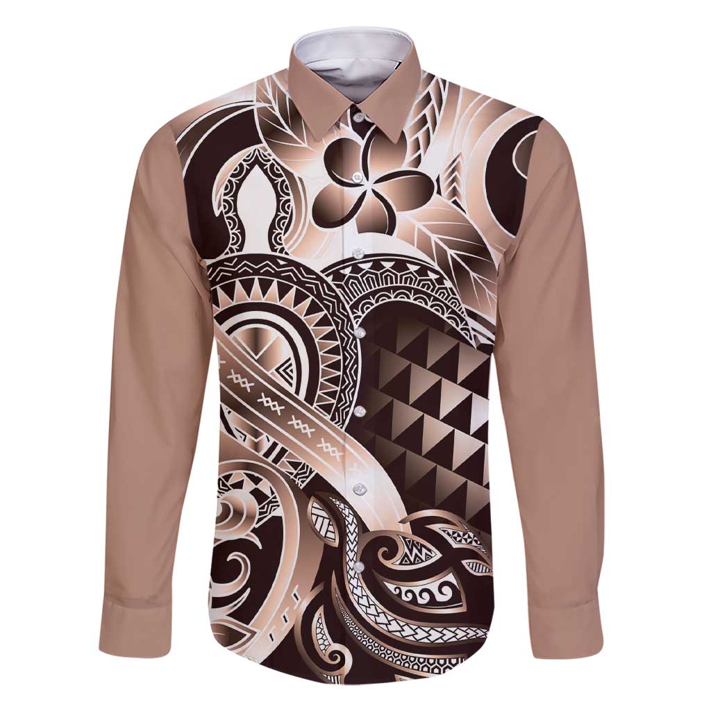 Aloha Mocha Mousse Tribal Honu Tattoo Family Matching Short Sleeve Bodycon Dress and Hawaiian Shirt LT9 Dad's Shirt - Long Sleeve Mocha Mousse - Polynesian Pride