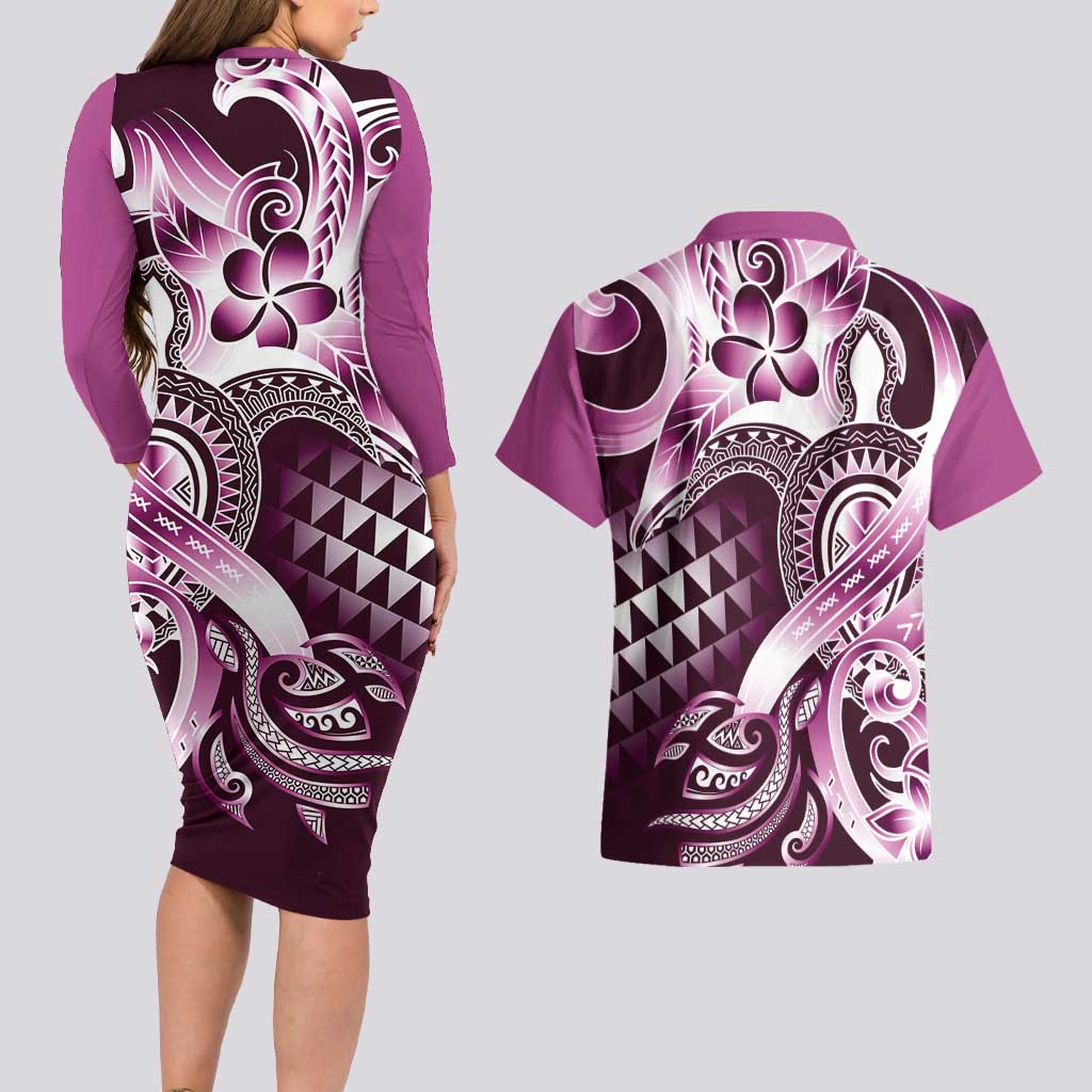 Aloha Pink Tribal Honu Tattoo Couples Matching Long Sleeve Bodycon Dress and Hawaiian Shirt LT9 - Polynesian Pride