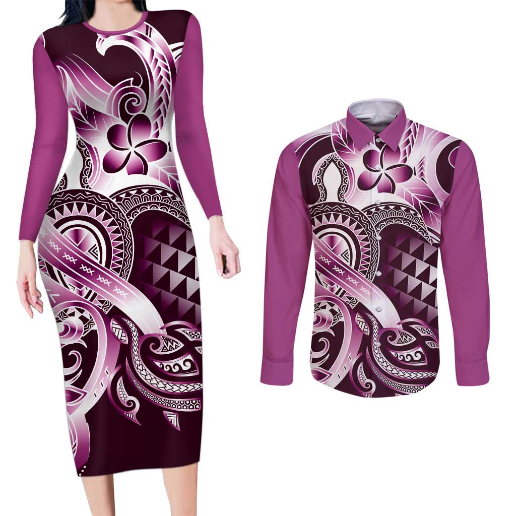 Aloha Pink Tribal Honu Tattoo Couples Matching Long Sleeve Bodycon Dress and Long Sleeve Button Shirt LT9 Pink - Polynesian Pride