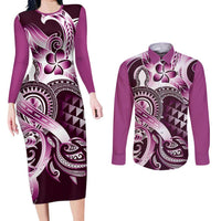 Aloha Pink Tribal Honu Tattoo Couples Matching Long Sleeve Bodycon Dress and Long Sleeve Button Shirt LT9 Pink - Polynesian Pride