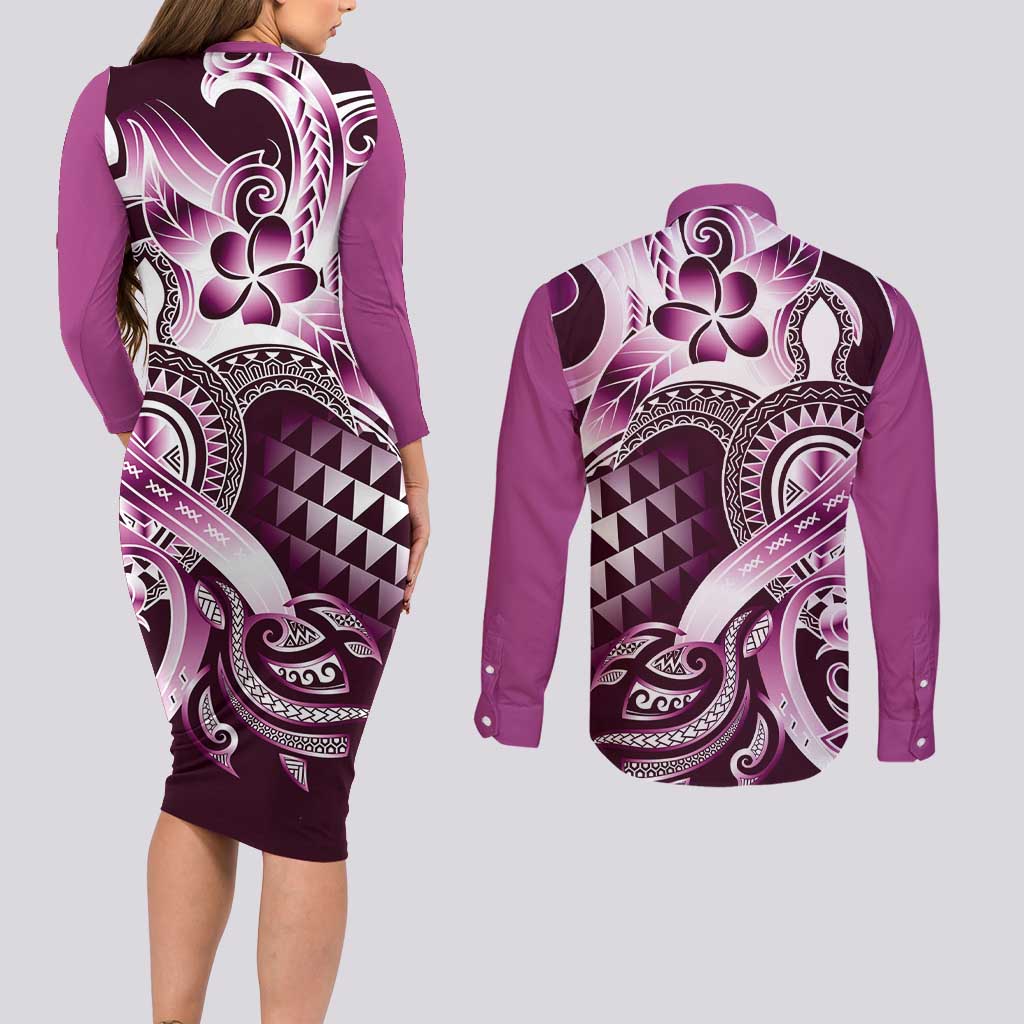 Aloha Pink Tribal Honu Tattoo Couples Matching Long Sleeve Bodycon Dress and Long Sleeve Button Shirt LT9 - Polynesian Pride