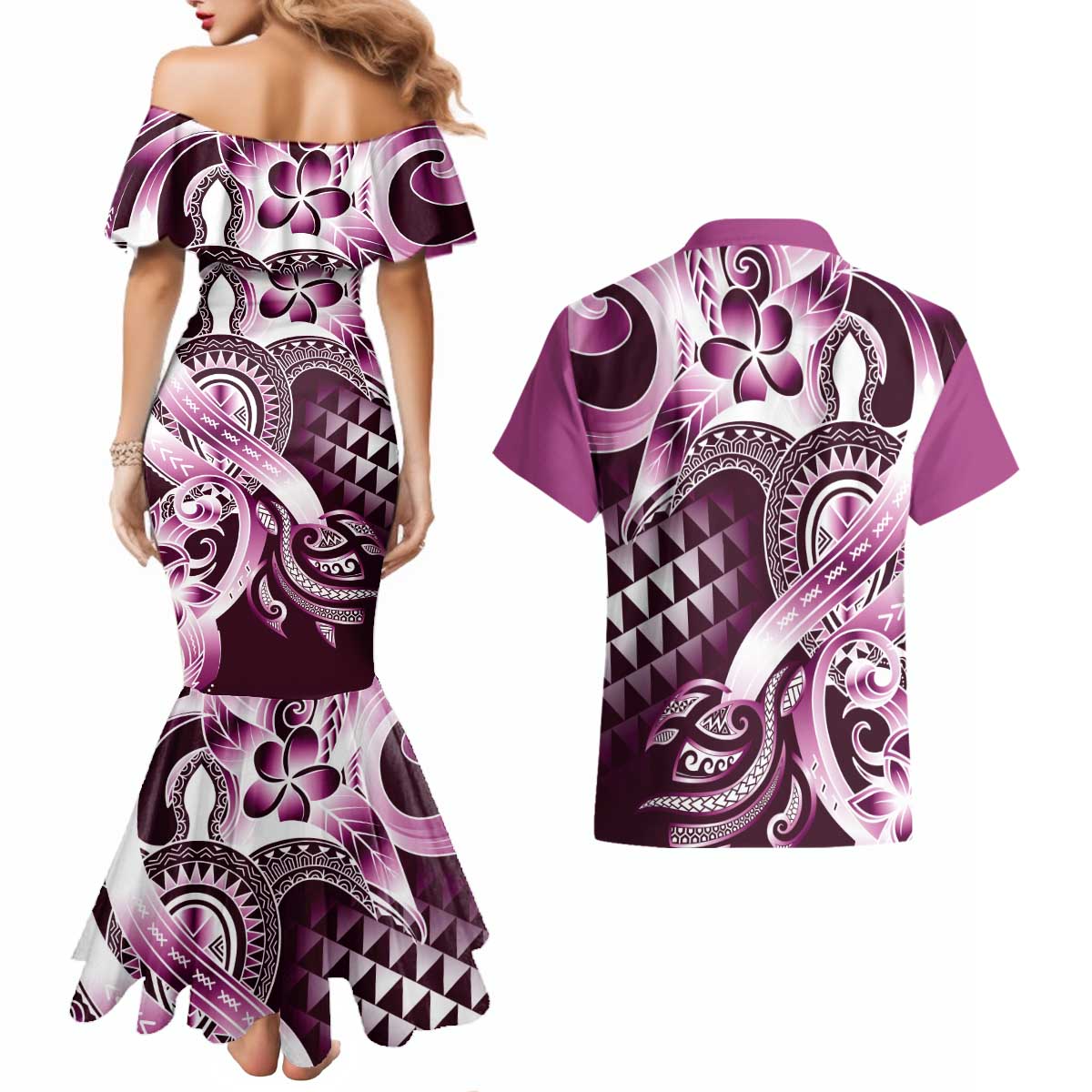 Aloha Pink Tribal Honu Tattoo Couples Matching Mermaid Dress and Hawaiian Shirt LT9 - Polynesian Pride