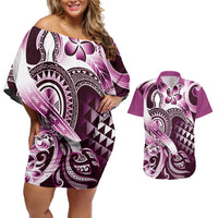 Aloha Pink Tribal Honu Tattoo Couples Matching Off Shoulder Short Dress and Hawaiian Shirt LT9 Pink - Polynesian Pride