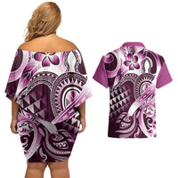 Aloha Pink Tribal Honu Tattoo Couples Matching Off Shoulder Short Dress and Hawaiian Shirt LT9 - Polynesian Pride