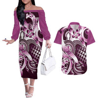 Aloha Pink Tribal Honu Tattoo Couples Matching Off The Shoulder Long Sleeve Dress and Hawaiian Shirt LT9 Pink - Polynesian Pride