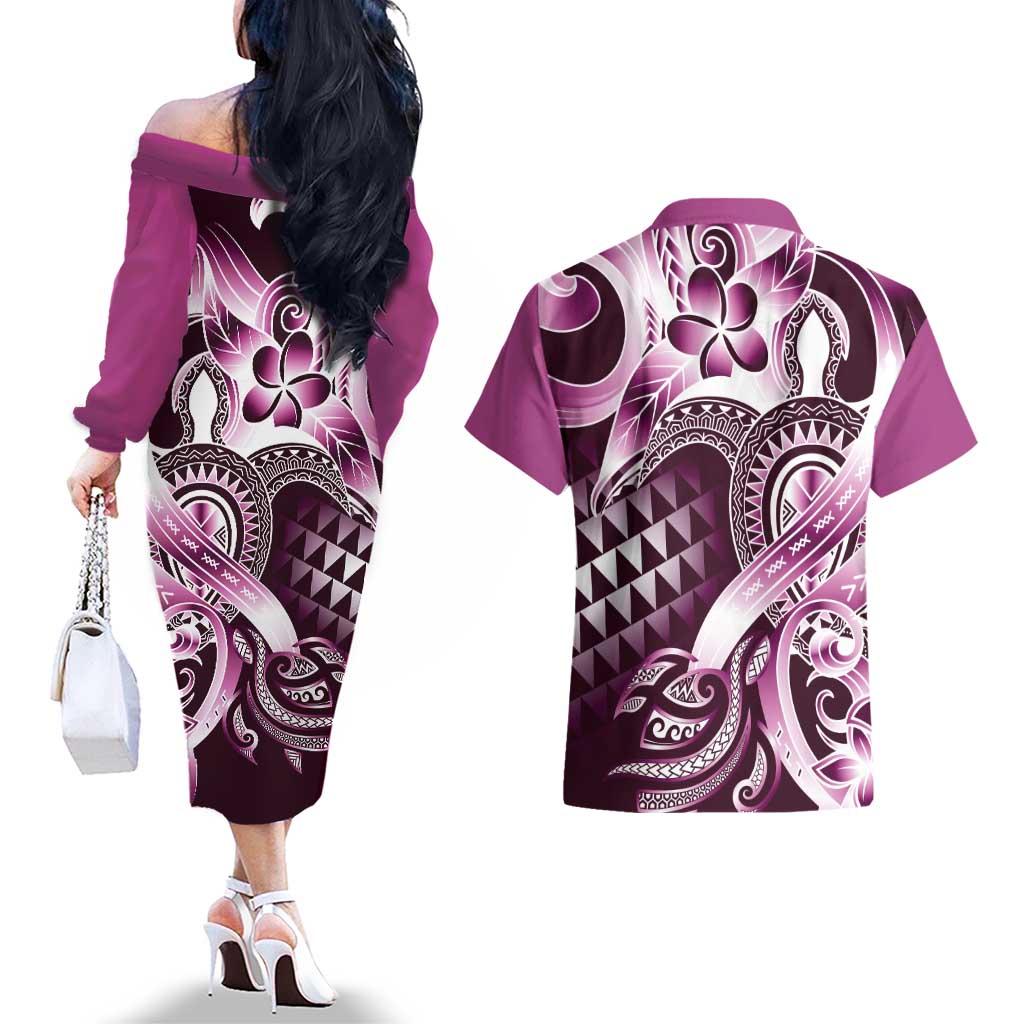Aloha Pink Tribal Honu Tattoo Couples Matching Off The Shoulder Long Sleeve Dress and Hawaiian Shirt LT9 - Polynesian Pride