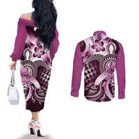 Aloha Pink Tribal Honu Tattoo Couples Matching Off The Shoulder Long Sleeve Dress and Long Sleeve Button Shirt LT9 - Polynesian Pride