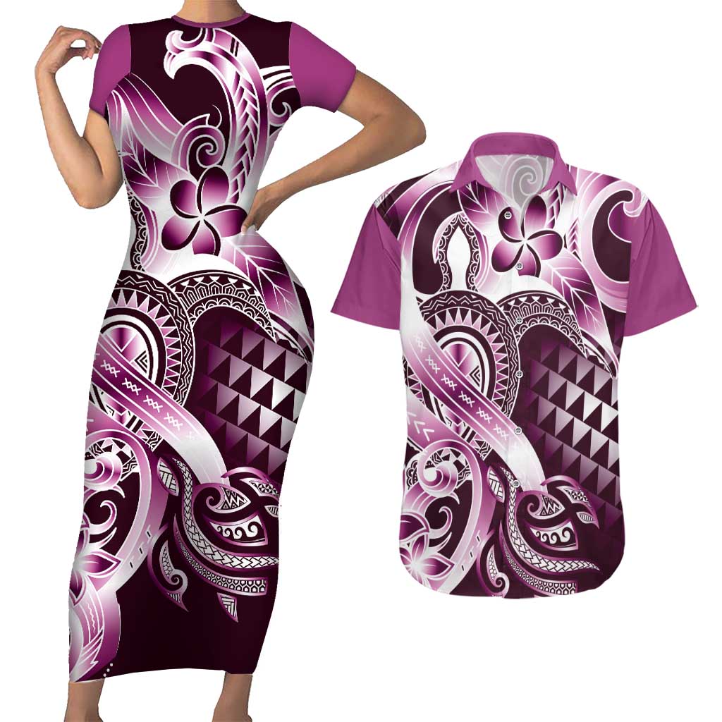 Aloha Pink Tribal Honu Tattoo Couples Matching Short Sleeve Bodycon Dress and Hawaiian Shirt LT9 Pink - Polynesian Pride