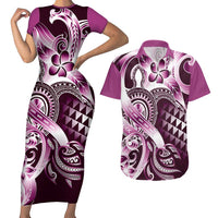 Aloha Pink Tribal Honu Tattoo Couples Matching Short Sleeve Bodycon Dress and Hawaiian Shirt LT9 Pink - Polynesian Pride
