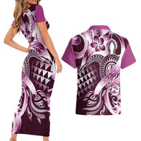 Aloha Pink Tribal Honu Tattoo Couples Matching Short Sleeve Bodycon Dress and Hawaiian Shirt LT9 - Polynesian Pride