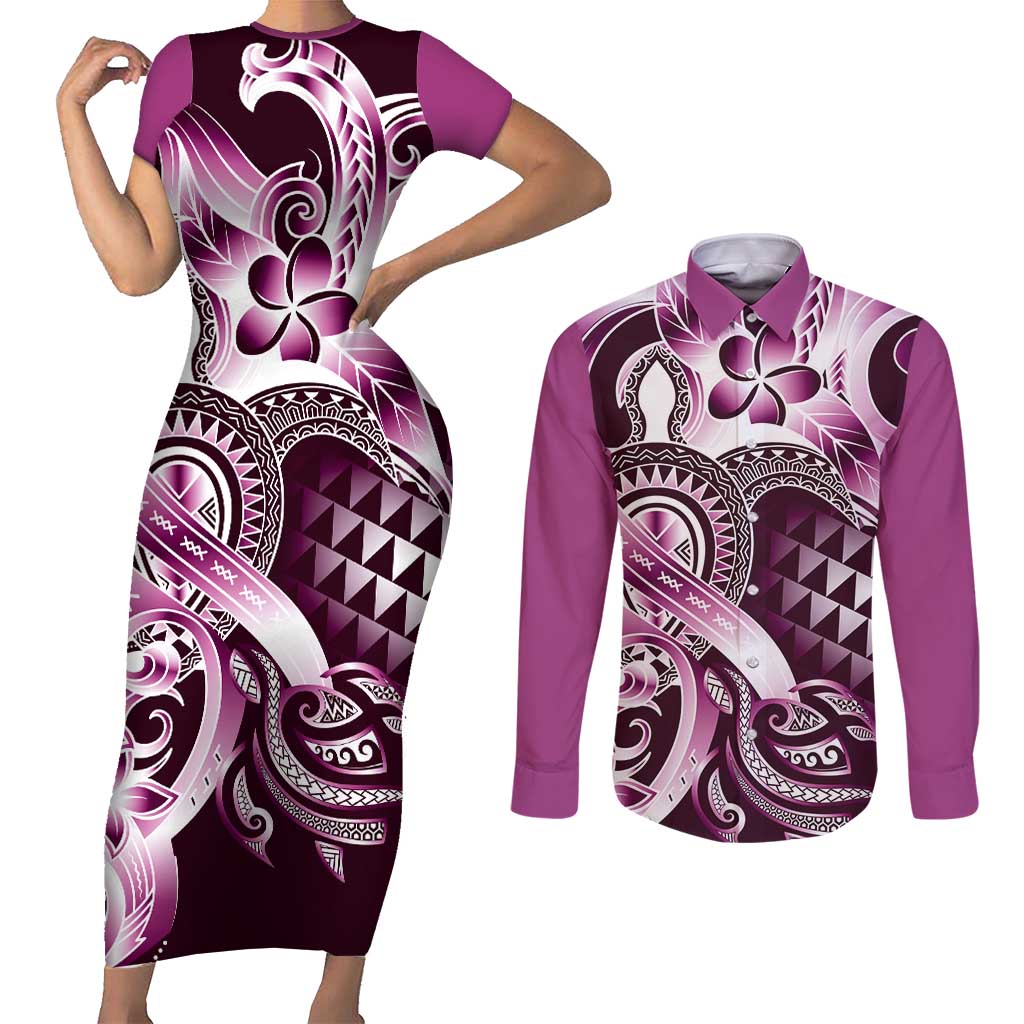 Aloha Pink Tribal Honu Tattoo Couples Matching Short Sleeve Bodycon Dress and Long Sleeve Button Shirt LT9 Pink - Polynesian Pride