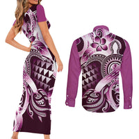 Aloha Pink Tribal Honu Tattoo Couples Matching Short Sleeve Bodycon Dress and Long Sleeve Button Shirt LT9 - Polynesian Pride