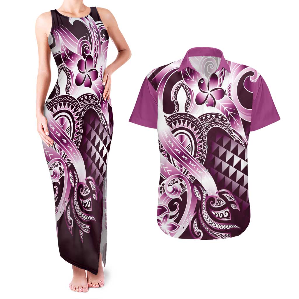 Aloha Pink Tribal Honu Tattoo Couples Matching Tank Maxi Dress and Hawaiian Shirt LT9 Pink - Polynesian Pride