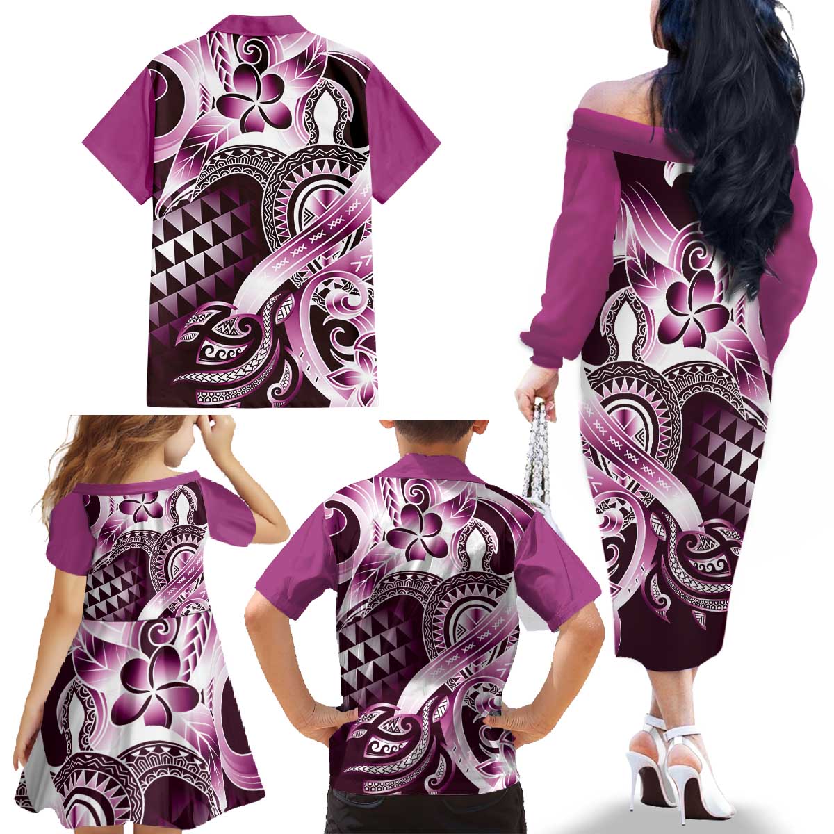 Aloha Pink Tribal Honu Tattoo Family Matching Off The Shoulder Long Sleeve Dress and Hawaiian Shirt LT9 - Polynesian Pride