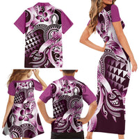 Aloha Pink Tribal Honu Tattoo Family Matching Short Sleeve Bodycon Dress and Hawaiian Shirt LT9 - Polynesian Pride