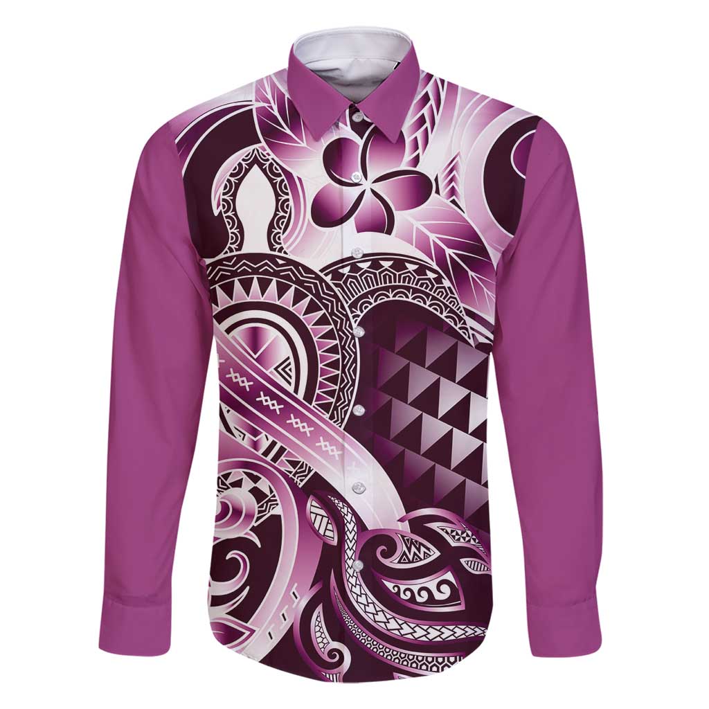 Aloha Pink Tribal Honu Tattoo Family Matching Tank Maxi Dress and Hawaiian Shirt LT9 Dad's Shirt - Long Sleeve Pink - Polynesian Pride