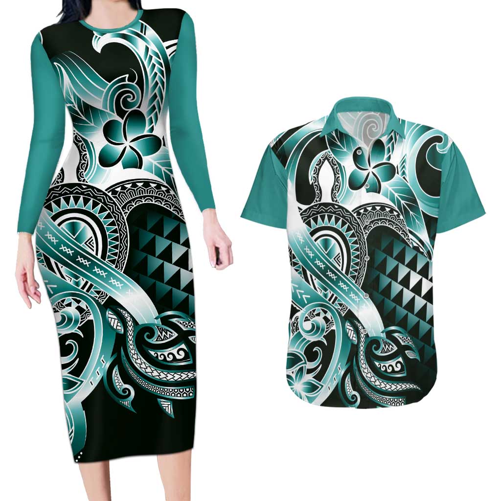 Aloha Turquoise Tribal Honu Tattoo Couples Matching Long Sleeve Bodycon Dress and Hawaiian Shirt LT9 Turquoise - Polynesian Pride