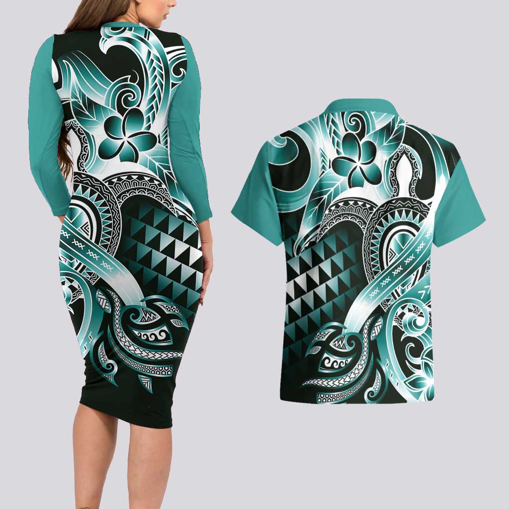 Aloha Turquoise Tribal Honu Tattoo Couples Matching Long Sleeve Bodycon Dress and Hawaiian Shirt LT9 - Polynesian Pride
