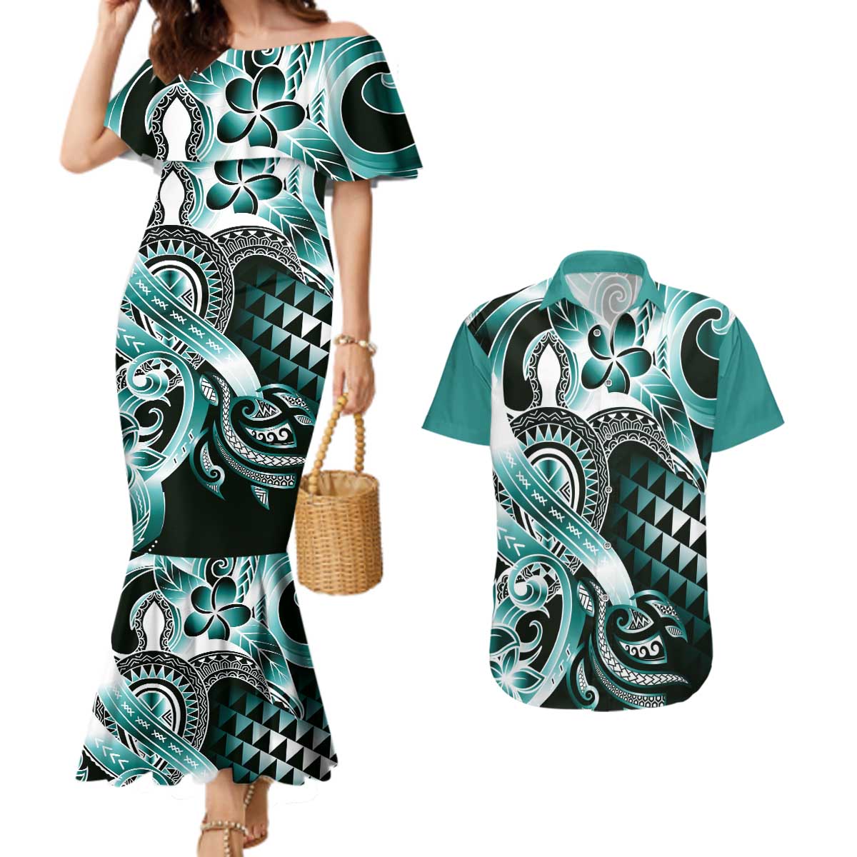 Aloha Turquoise Tribal Honu Tattoo Couples Matching Mermaid Dress and Hawaiian Shirt LT9 Turquoise - Polynesian Pride