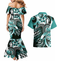 Aloha Turquoise Tribal Honu Tattoo Couples Matching Mermaid Dress and Hawaiian Shirt LT9 - Polynesian Pride