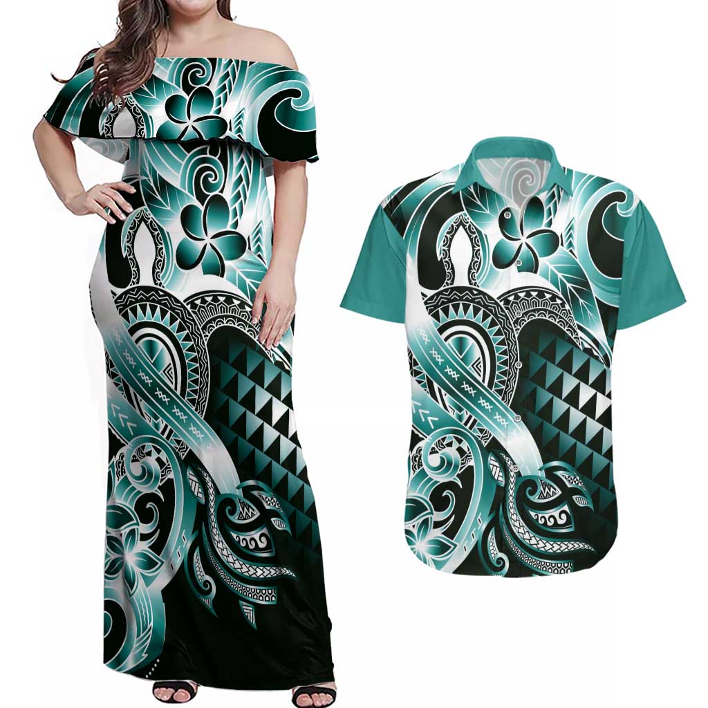 Aloha Turquoise Tribal Honu Tattoo Couples Matching Off Shoulder Maxi Dress and Hawaiian Shirt LT9 Turquoise - Polynesian Pride