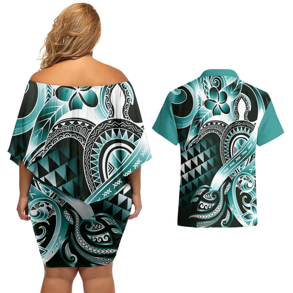 Aloha Turquoise Tribal Honu Tattoo Couples Matching Off Shoulder Short Dress and Hawaiian Shirt LT9 - Polynesian Pride