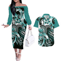 Aloha Turquoise Tribal Honu Tattoo Couples Matching Off The Shoulder Long Sleeve Dress and Hawaiian Shirt LT9 Turquoise - Polynesian Pride