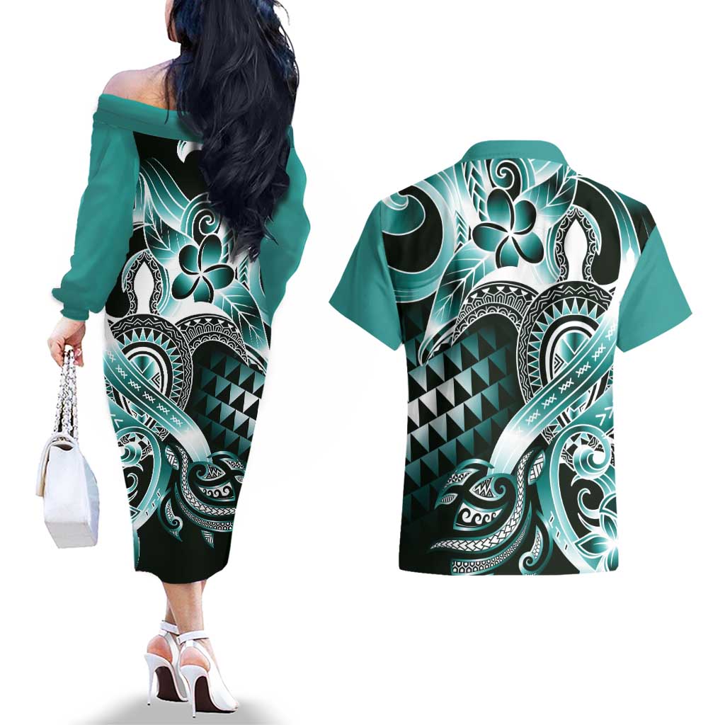 Aloha Turquoise Tribal Honu Tattoo Couples Matching Off The Shoulder Long Sleeve Dress and Hawaiian Shirt LT9 - Polynesian Pride