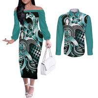 Aloha Turquoise Tribal Honu Tattoo Couples Matching Off The Shoulder Long Sleeve Dress and Long Sleeve Button Shirt LT9 Turquoise - Polynesian Pride