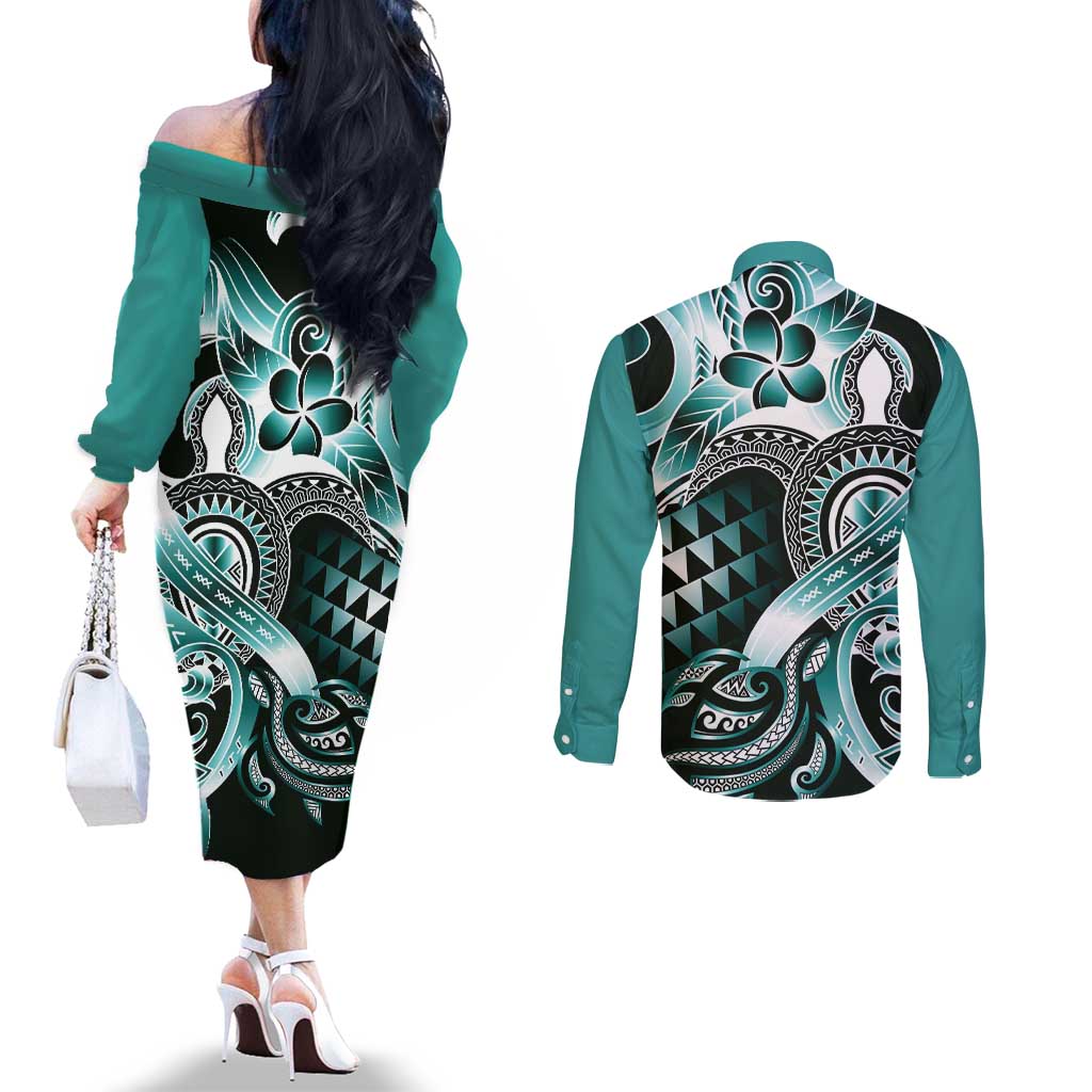 Aloha Turquoise Tribal Honu Tattoo Couples Matching Off The Shoulder Long Sleeve Dress and Long Sleeve Button Shirt LT9 - Polynesian Pride