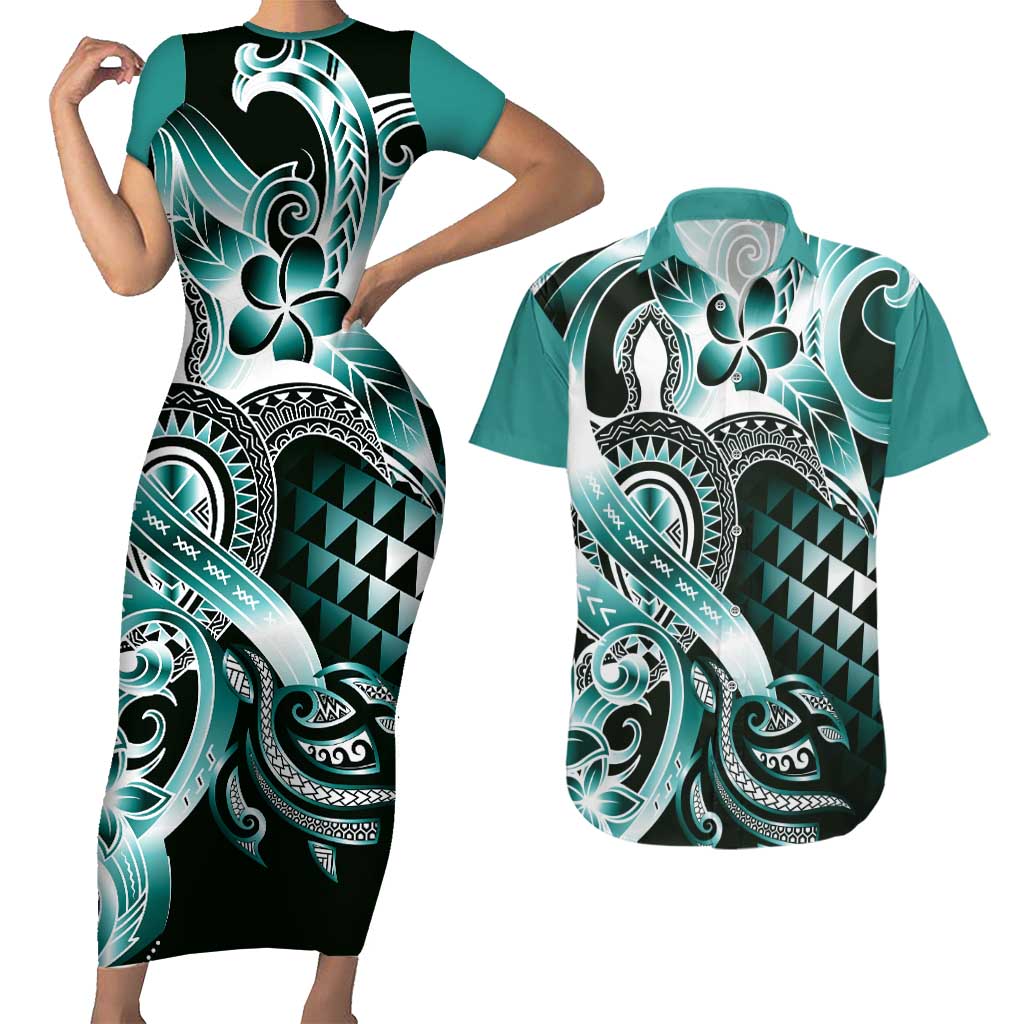 Aloha Turquoise Tribal Honu Tattoo Couples Matching Short Sleeve Bodycon Dress and Hawaiian Shirt LT9 Turquoise - Polynesian Pride