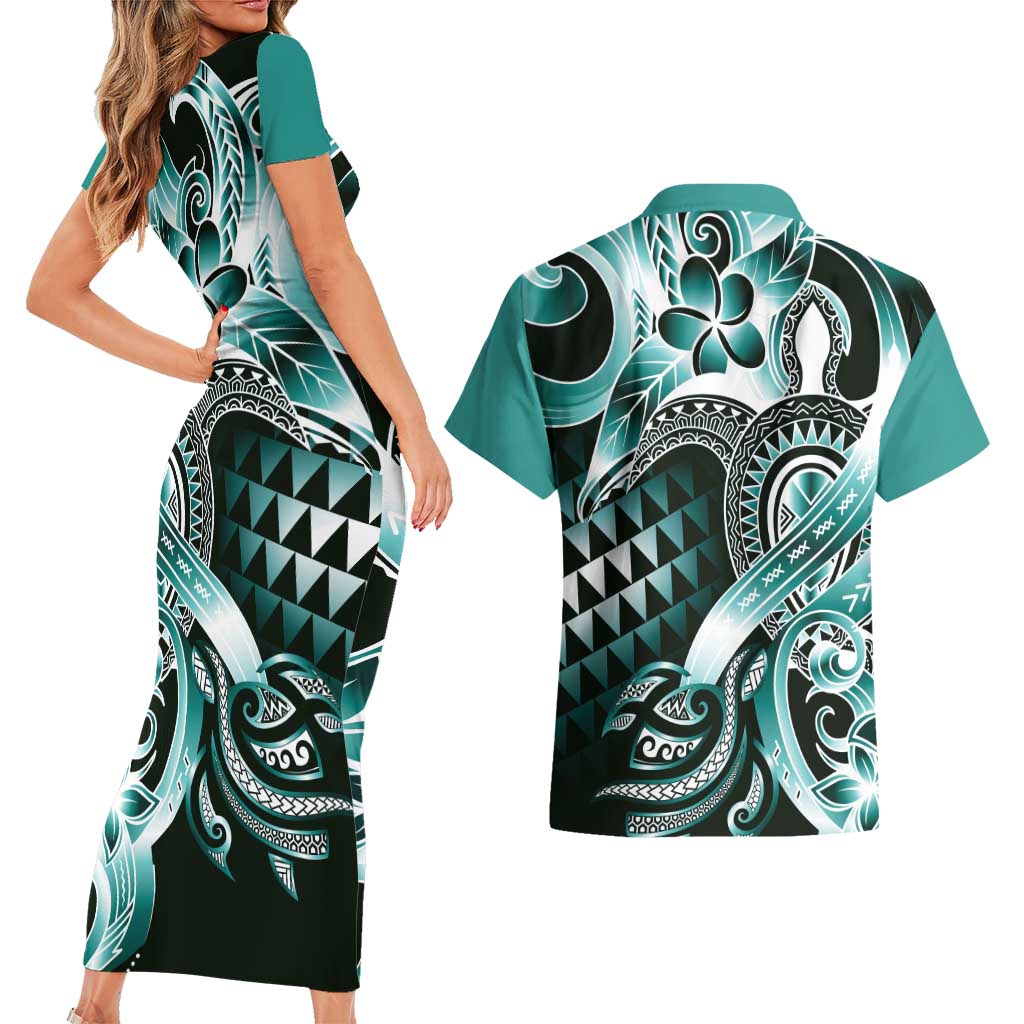 Aloha Turquoise Tribal Honu Tattoo Couples Matching Short Sleeve Bodycon Dress and Hawaiian Shirt LT9 - Polynesian Pride