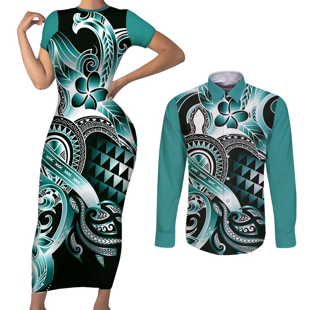 Aloha Turquoise Tribal Honu Tattoo Couples Matching Short Sleeve Bodycon Dress and Long Sleeve Button Shirt LT9 Turquoise - Polynesian Pride