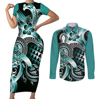 Aloha Turquoise Tribal Honu Tattoo Couples Matching Short Sleeve Bodycon Dress and Long Sleeve Button Shirt LT9 Turquoise - Polynesian Pride