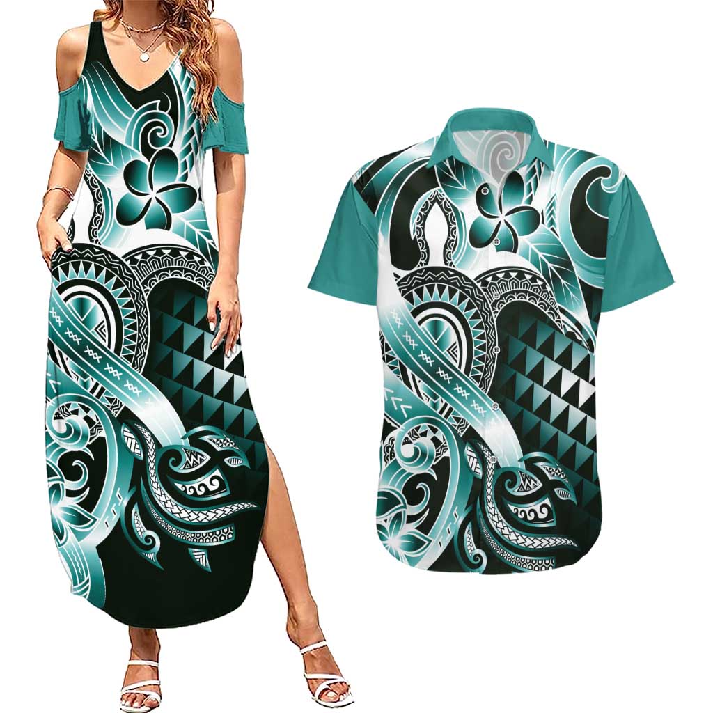 Aloha Turquoise Tribal Honu Tattoo Couples Matching Summer Maxi Dress and Hawaiian Shirt LT9 Turquoise - Polynesian Pride