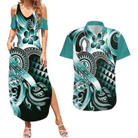Aloha Turquoise Tribal Honu Tattoo Couples Matching Summer Maxi Dress and Hawaiian Shirt LT9 Turquoise - Polynesian Pride