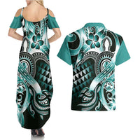 Aloha Turquoise Tribal Honu Tattoo Couples Matching Summer Maxi Dress and Hawaiian Shirt LT9 - Polynesian Pride
