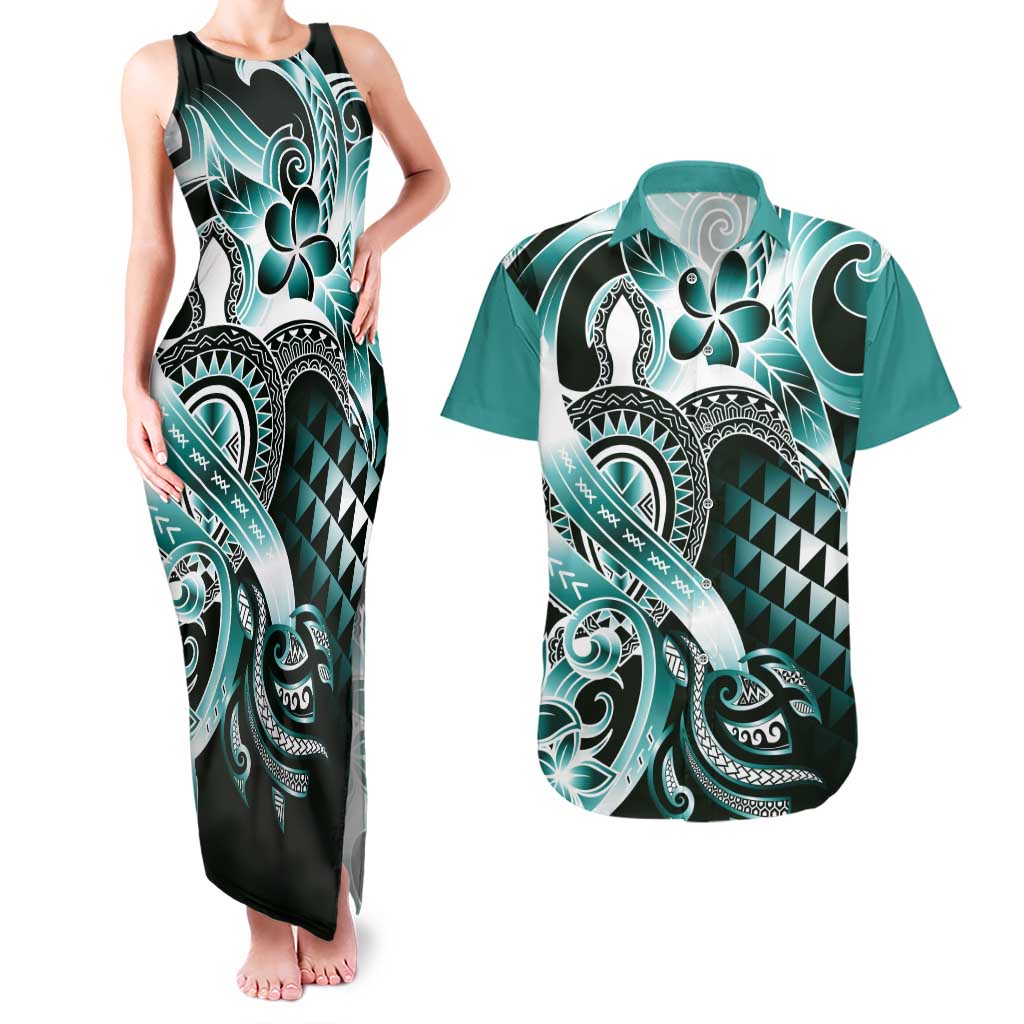 Aloha Turquoise Tribal Honu Tattoo Couples Matching Tank Maxi Dress and Hawaiian Shirt LT9 Turquoise - Polynesian Pride