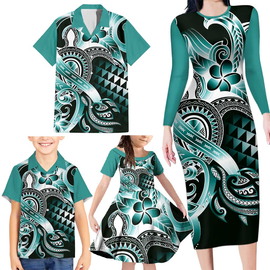 Aloha Turquoise Tribal Honu Tattoo Family Matching Long Sleeve Bodycon Dress and Hawaiian Shirt LT9 - Polynesian Pride