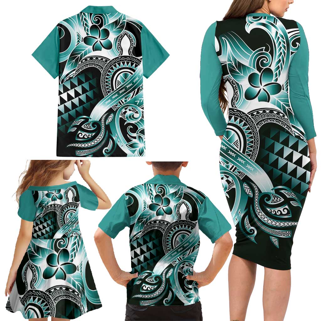 Aloha Turquoise Tribal Honu Tattoo Family Matching Long Sleeve Bodycon Dress and Hawaiian Shirt LT9 - Polynesian Pride