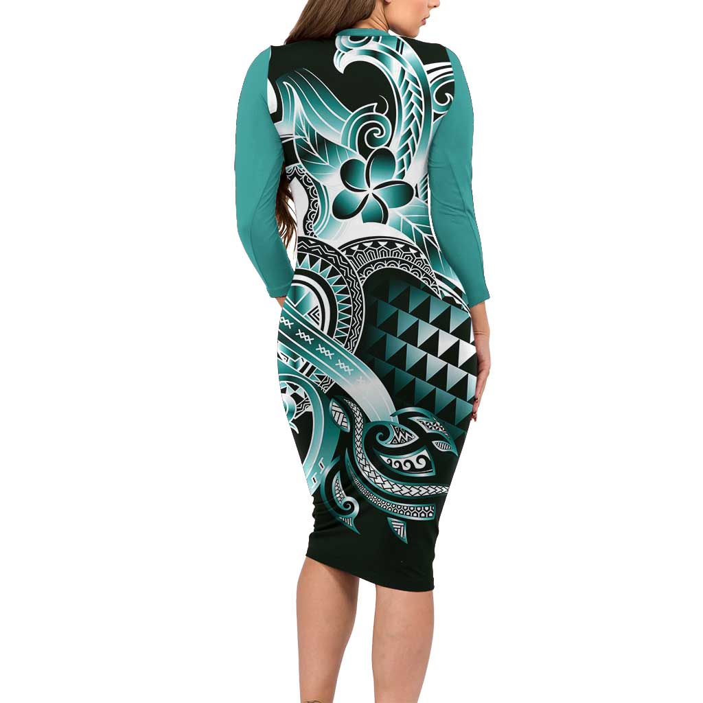 Aloha Turquoise Tribal Honu Tattoo Family Matching Long Sleeve Bodycon Dress and Hawaiian Shirt LT9 - Polynesian Pride