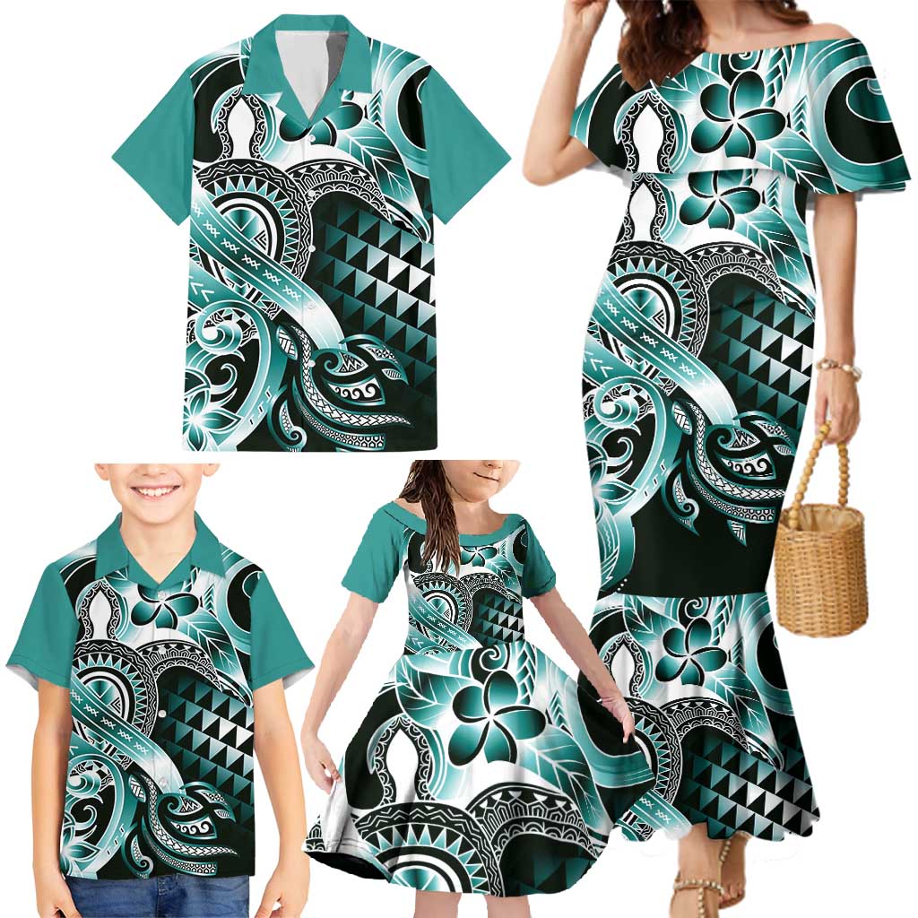 Aloha Turquoise Tribal Honu Tattoo Family Matching Mermaid Dress and Hawaiian Shirt LT9 - Polynesian Pride