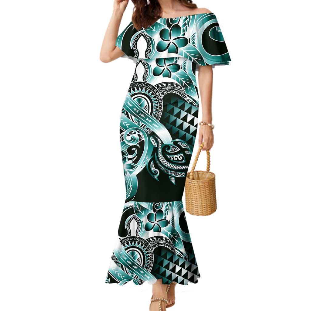 Aloha Turquoise Tribal Honu Tattoo Family Matching Mermaid Dress and Hawaiian Shirt LT9 Mom's Dress Turquoise - Polynesian Pride