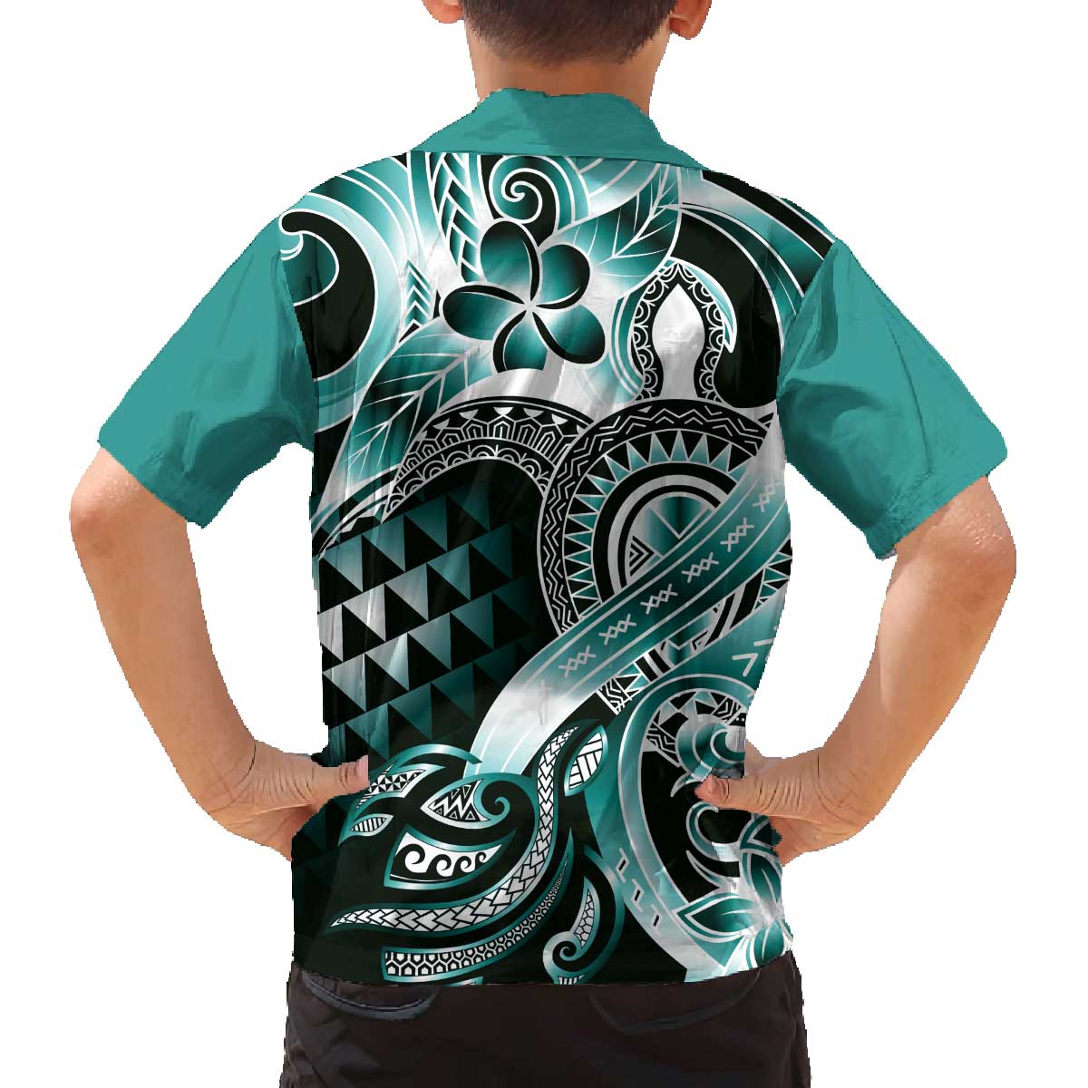 Aloha Turquoise Tribal Honu Tattoo Family Matching Off The Shoulder Long Sleeve Dress and Hawaiian Shirt LT9 - Polynesian Pride