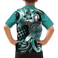 Aloha Turquoise Tribal Honu Tattoo Family Matching Off The Shoulder Long Sleeve Dress and Hawaiian Shirt LT9 - Polynesian Pride