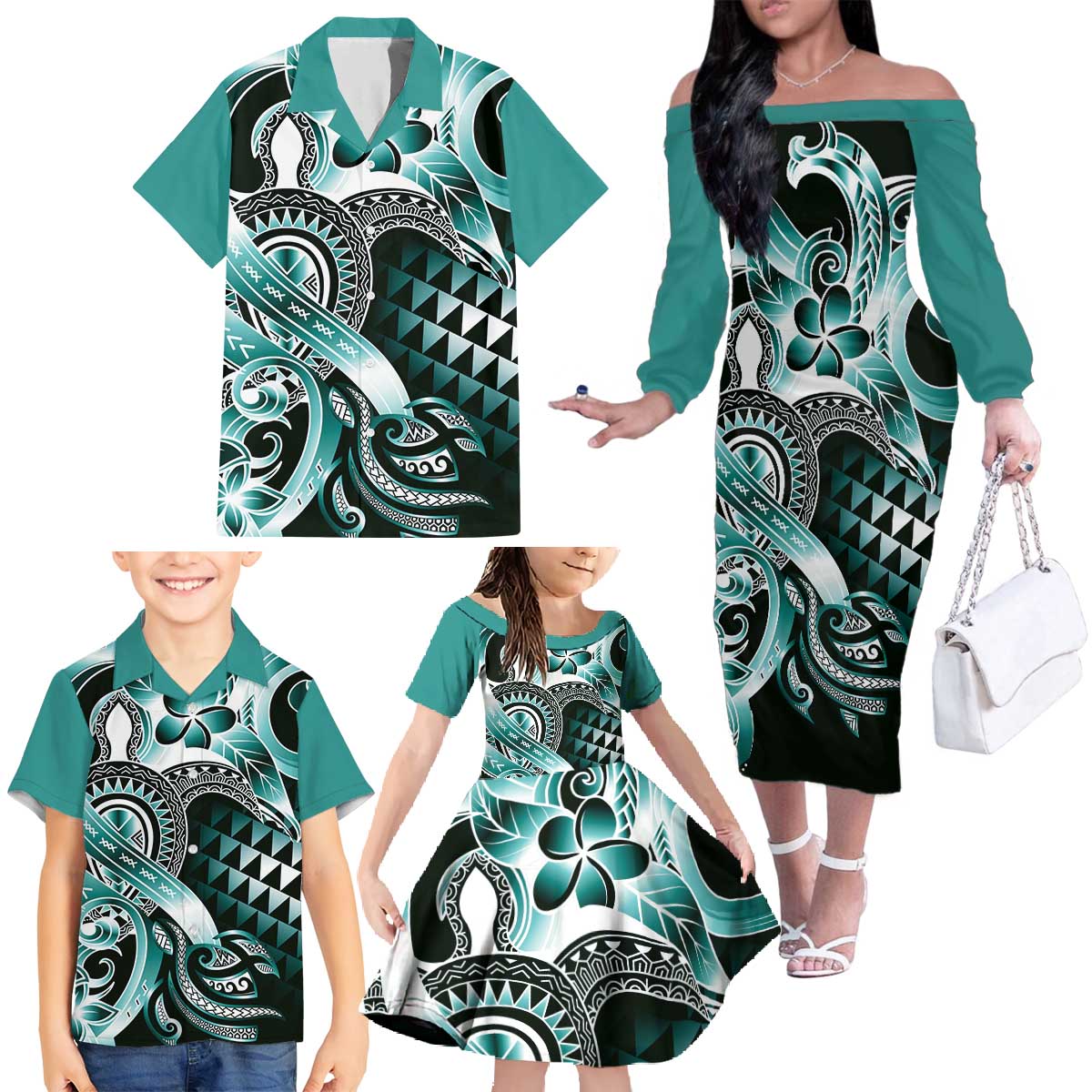 Aloha Turquoise Tribal Honu Tattoo Family Matching Off The Shoulder Long Sleeve Dress and Hawaiian Shirt LT9 - Polynesian Pride