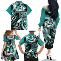 Aloha Turquoise Tribal Honu Tattoo Family Matching Off The Shoulder Long Sleeve Dress and Hawaiian Shirt LT9 - Polynesian Pride